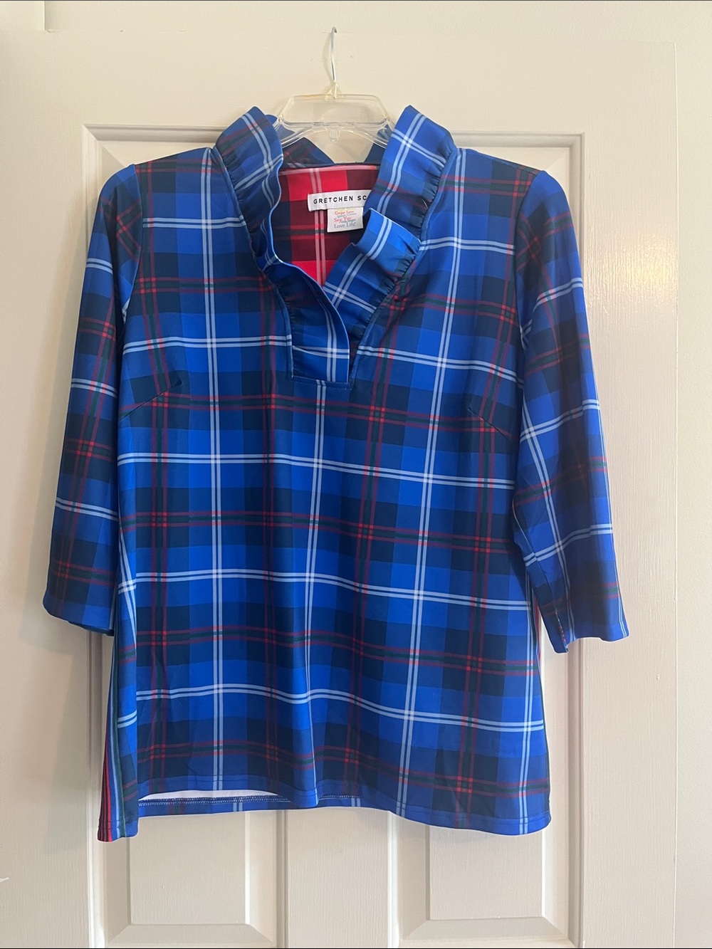 Gretchen Scott Women’s Blue Plaid Ruffle Collar Top